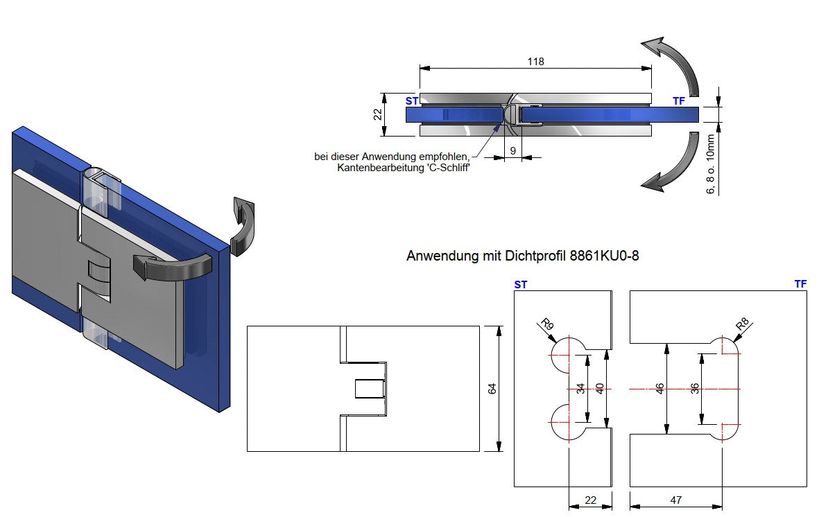 8132ZN P+S Pendeltürband Glas-Glas 180° FLAMEA+