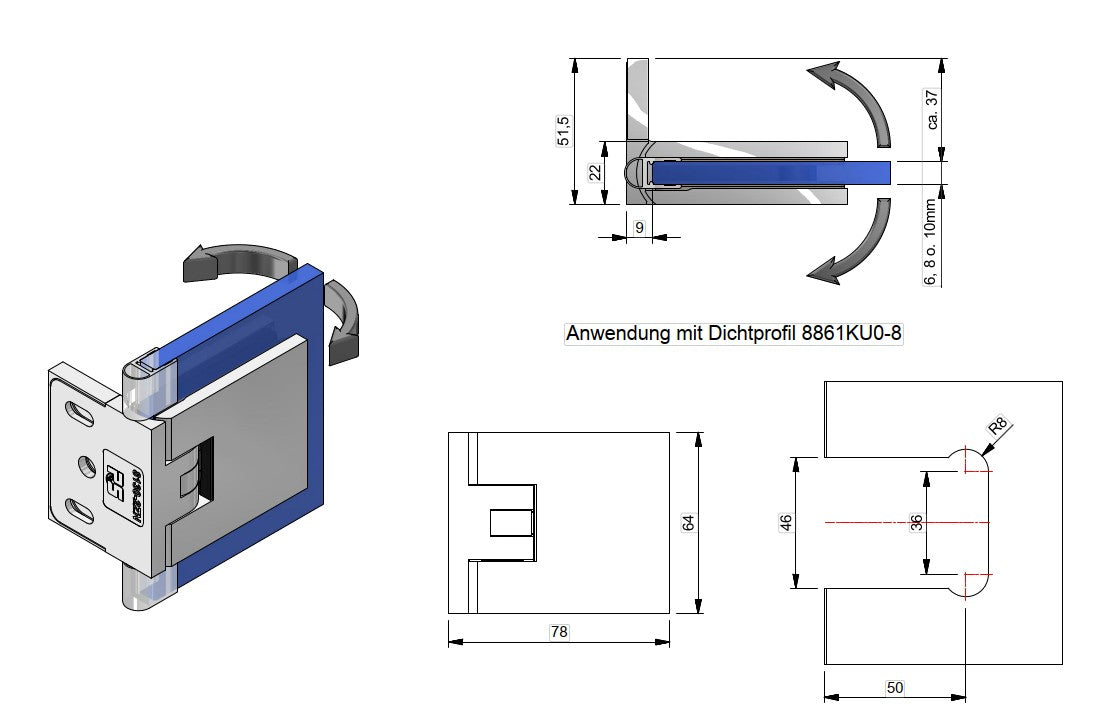 8130ZN P+S Pendeltürband Glas-Wand 90° FLAMEA+